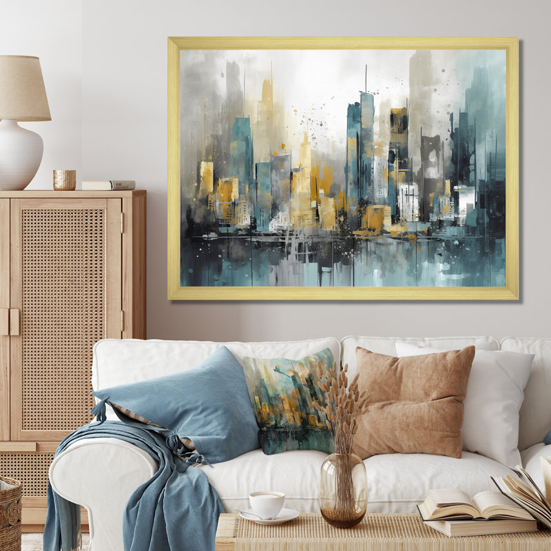 «Green and Yellow Modernist Cityscapes II», reproduction d'art sur toile, H 24 po x l 32 po x P 1 po, Encadrement doré