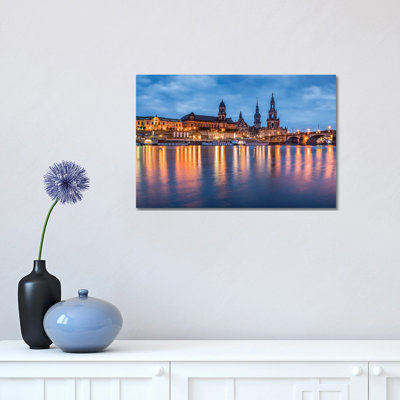 Dresden Skyline At Night With View Of The Dresden Cathedral by Jan Becke - Wrapped Canvas Print