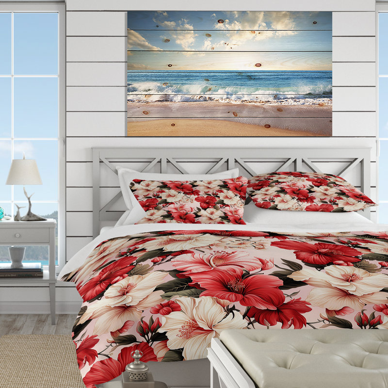 Literie Hibiscus Romance, Housse de couette pour grand lit et 2 taies décor