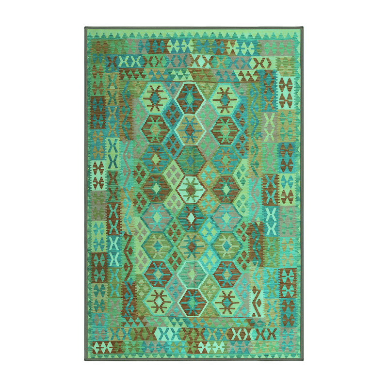 Tapis turquoise / brun en laine et polyester tissé à la machine 7 pi x 9 pi Southwestern