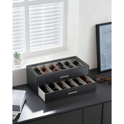 Boîte de rangement pour lunettes de soleil avec couvercle transparent, 12 fentes pour bijoux à 2 couches