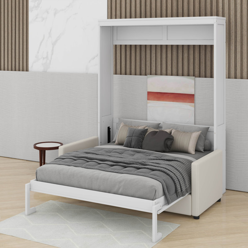 Lit escamotable double pleine grandeur avec coussin, Blanc