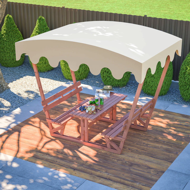 Ensemble de table de pique-nique et de banc d'extérieur en bois massif imperméable avec auvent amovible - Convient aux patios, aux jardins, aux terrasses, aux parcs et aux plages