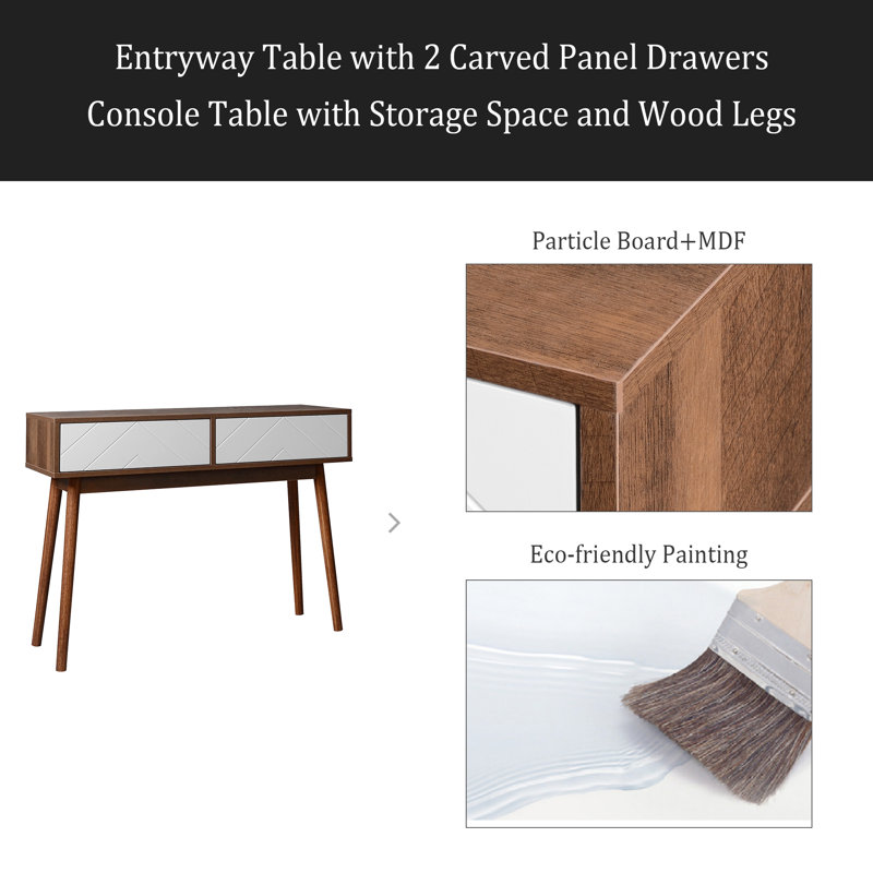 Entryway Table With 2 Carved Panel Drawers, Console Table With Storage Space And Wood Legs,Sofa Table Behind Couch For Hallway, Living Room