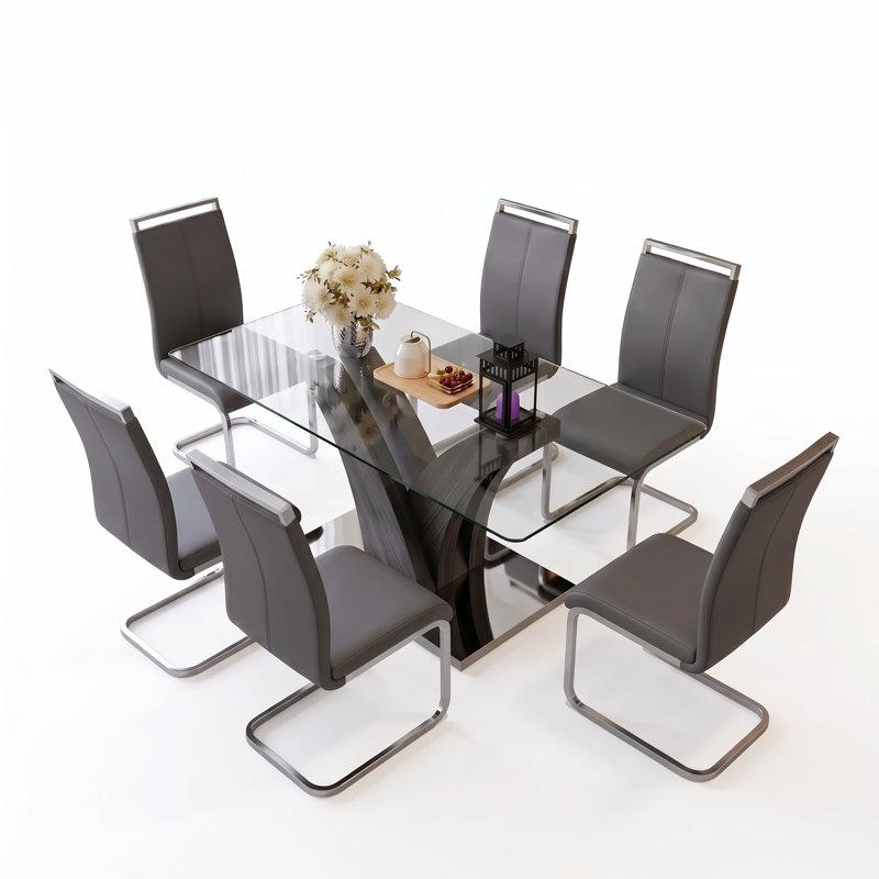 Ensemble de salle à manger 7 pièces 63 po, 5 Pieces: Table, 4 Chairs, Gris clair