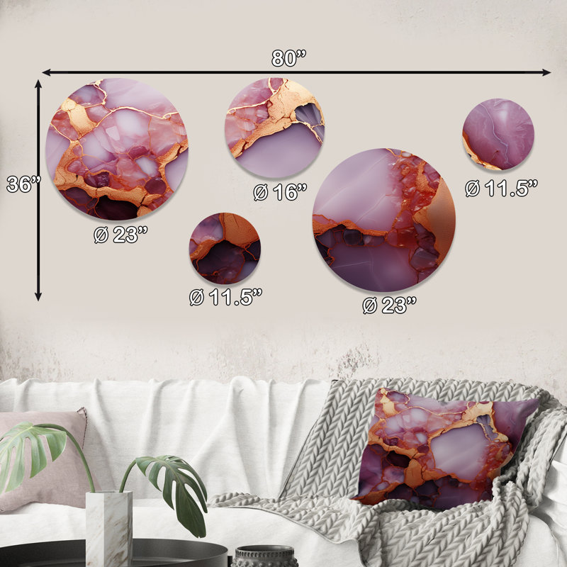 Or et marbre rose Essence III - ensemble d'art mural rond en marbre de 5