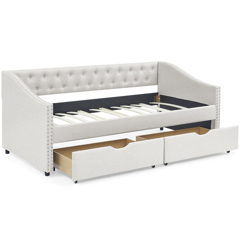 Lit de jour simple tapissier avec tiroirs en beige - Dossier de lit moderne et fonction de rangement pour la chambre à coucher