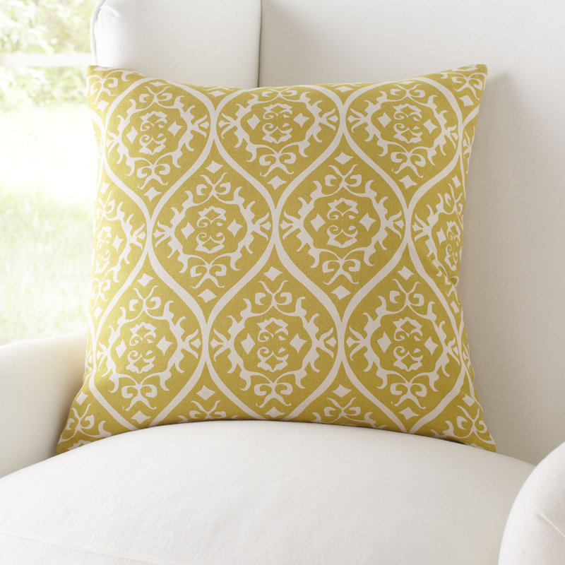  Cotton Damask Throw Pillow, Polyester/Polyfill, Gold/Light Gray, 18" x 18"