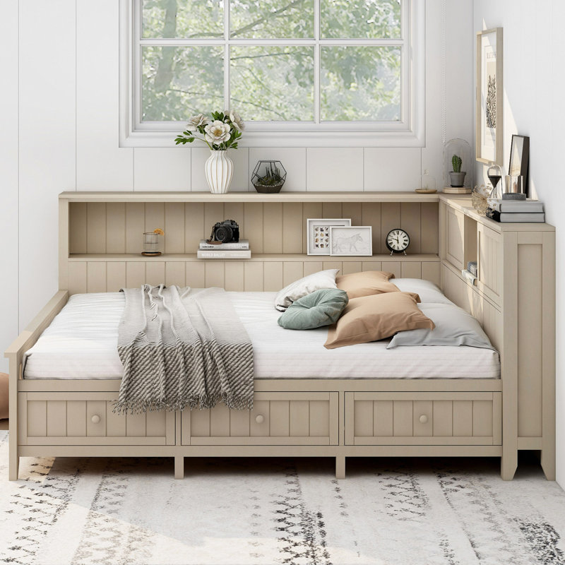 Lit de jour en bois avec tablettes de rangement et 3 tiroirs, Complet/Double