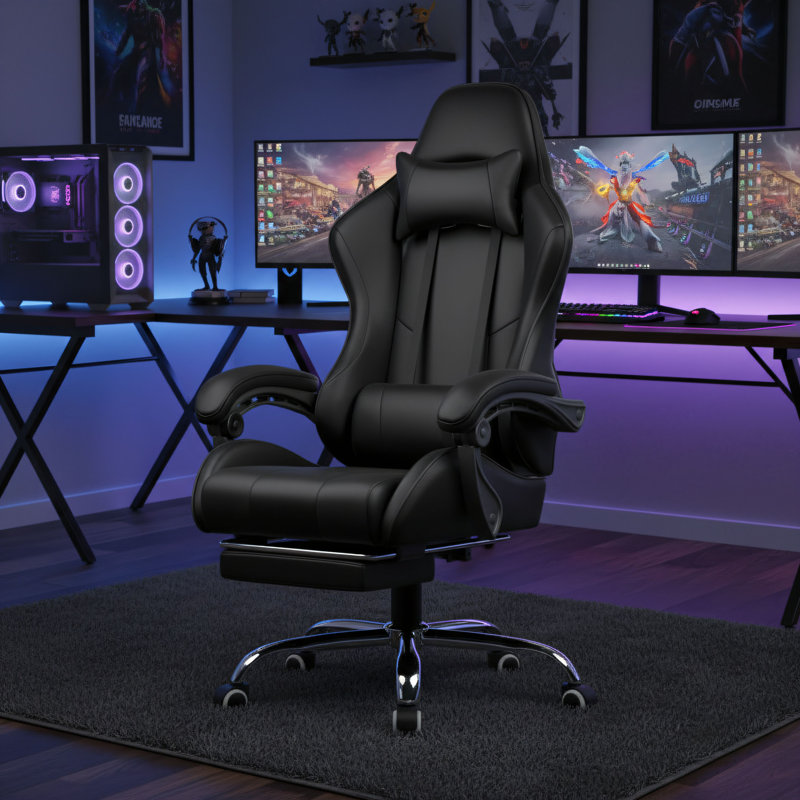 Office/Gaming Chair (Black), 360° Rotating And Height Adjustable, With Footrest And Headrest + Strong Lumbar Support, Faux Leather Version