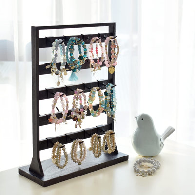 5 Tiers Free Assemble Wooden Jewellery Display Rack With 20 Removable Metal Hooks,Earring Card Display Stand,Jewellery Organizer,Bracelet Organizer,Keychain Display Stand,Coffee Colour