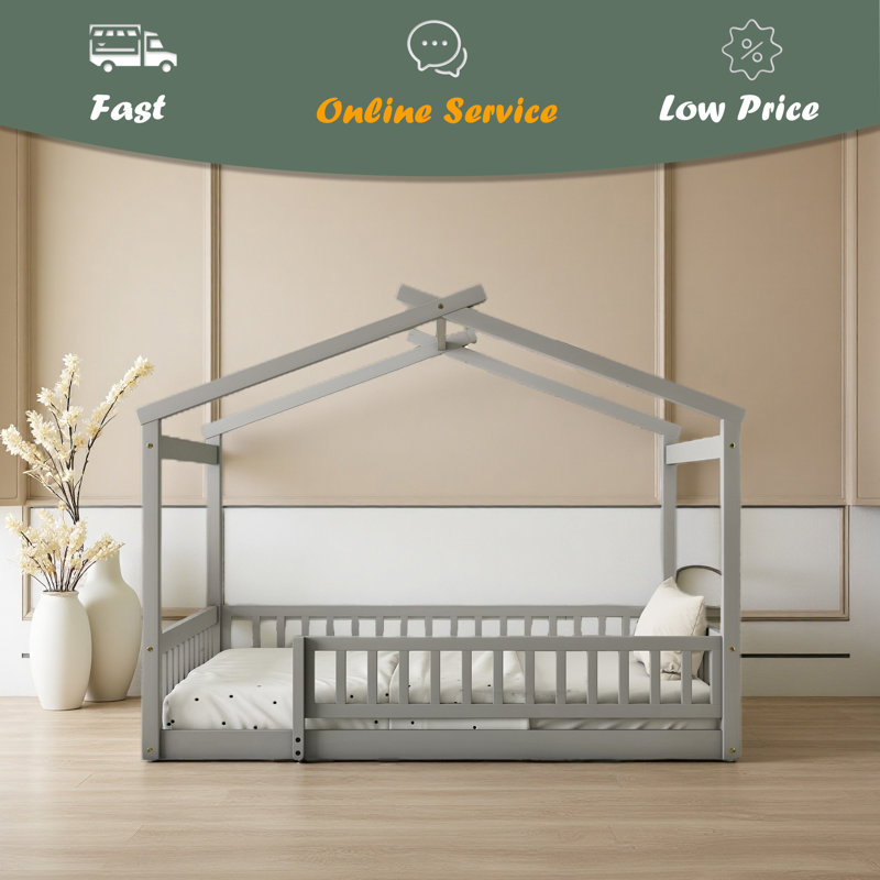 Wood Bed House Bed Frame With Fence, Gray, Full