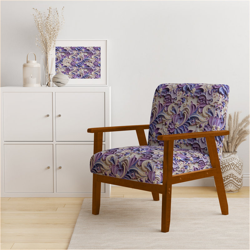 Purple Lavender Persian Paisleys I - Upholstered Bohemian & Eclectic Accent Arm Chair, Brown Square Arms