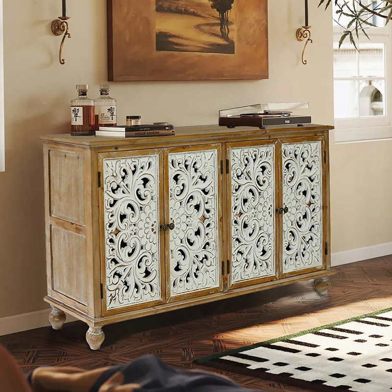 Armoire décorative avec 4 portes, armoire buffet avec rangement Farmhouse, crédence moderne avec portes florales sculptées en bois