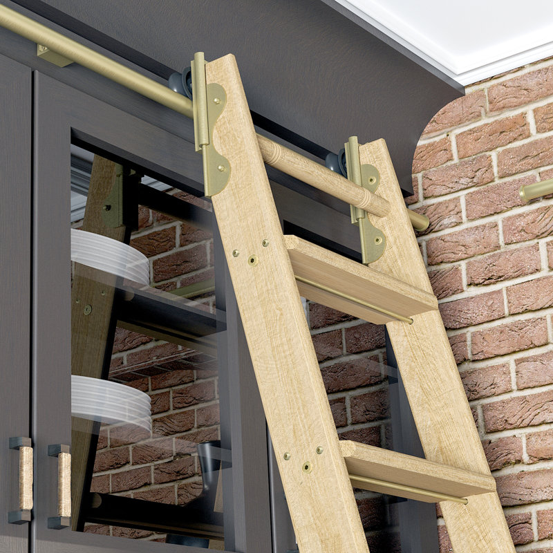 Maple 8.06' 7-Step Wood Rolling Sunburst Wheel Ladder, Brushed Satin Brass
