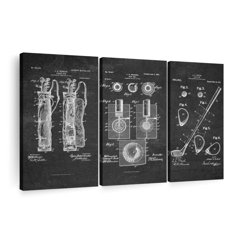 Ensemble de 3 pièces de brevet de golf sur toile, H 48 po x l 74 po x P 1,25 po