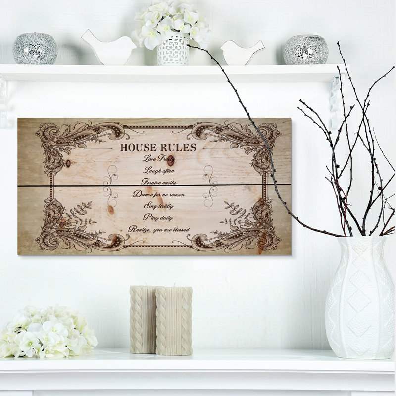 «house rules. « rétro cadre », art textuel sur bois, H 10 po x l 20 po x P 0,78 po