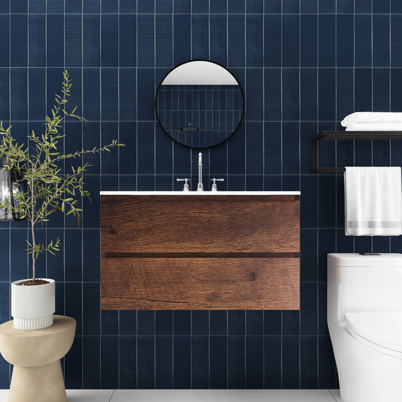 36 In. Wall-Mounted Bathroom Vanity With Integrated Ceramic Sink, Brown