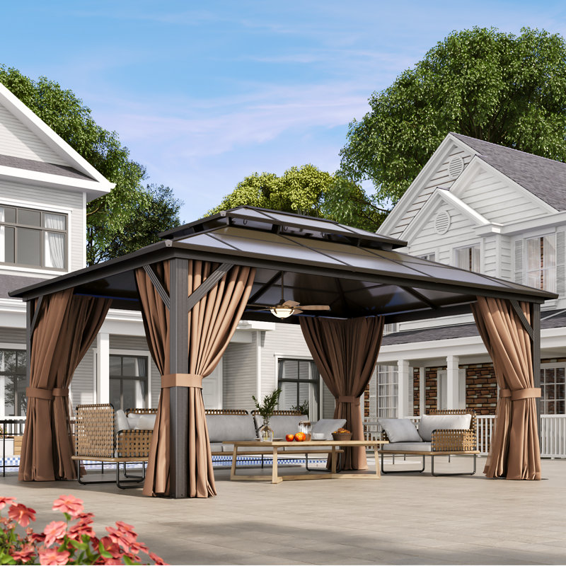 Double Roof Gazebo, 111.02" H x 190.16" W x 142.91" D, Brown
