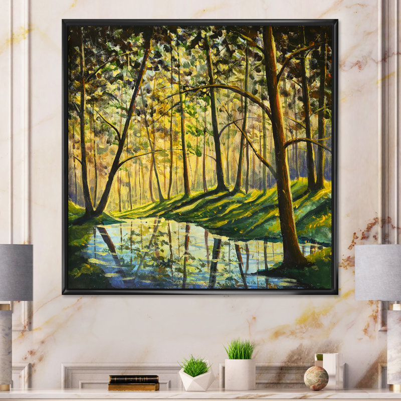 Chemin vers la forêt enchantée au printemps - Peinture, L 16 po x H 16 po, Toile avec cadre flottant noir