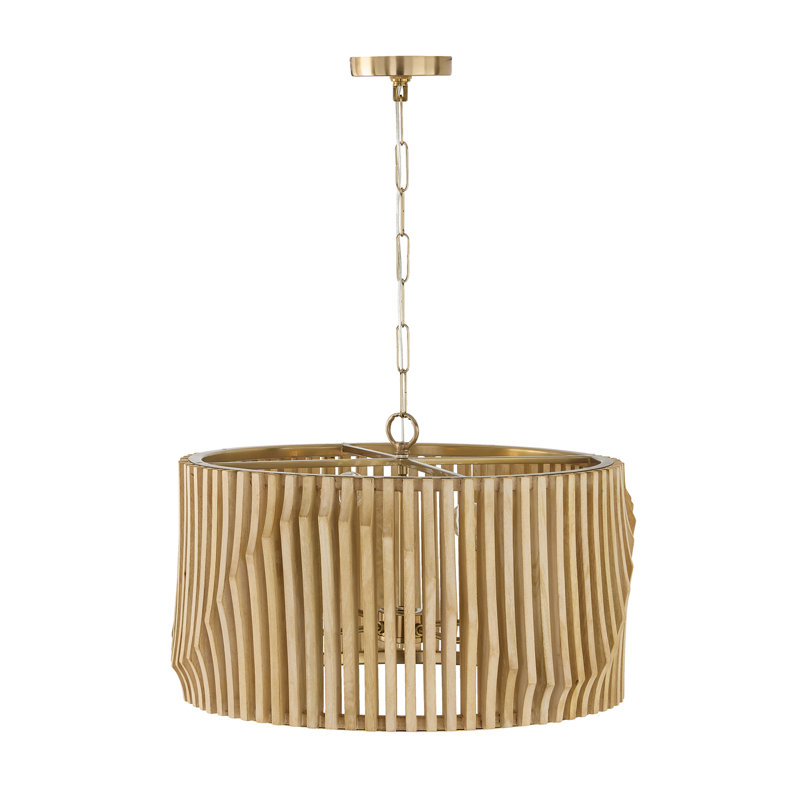 24" W x 15" H 4-Light Pendant in Matte Brass and Handcrafted Blonde Mango Wood, 24"W x 15"H