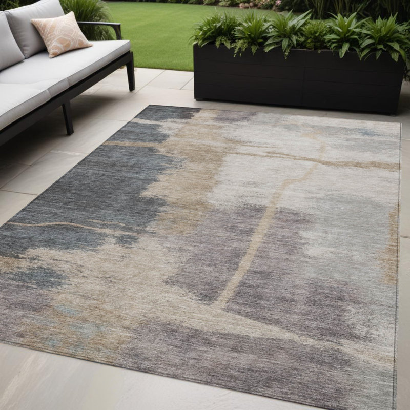 Tapis extérieur lavable abstrait gris anthracite et beige 5 pi x 8 pi