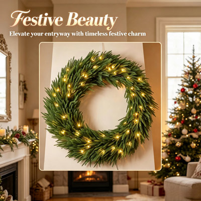 Couronne de Noël artificielle en pin de Norfolk vert pré-illuminée de 91 cm (36 pouces), décoration festive pour entrée équipée de 100 lumières DEL intégrées pour une ambiance de fêtes.