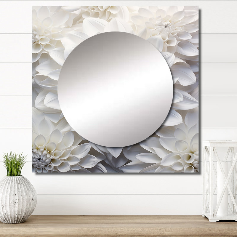 Miroir mural de salon Ailyah - Minimalisme blanc Dahlia floral et botanique, 36 po x 36 po