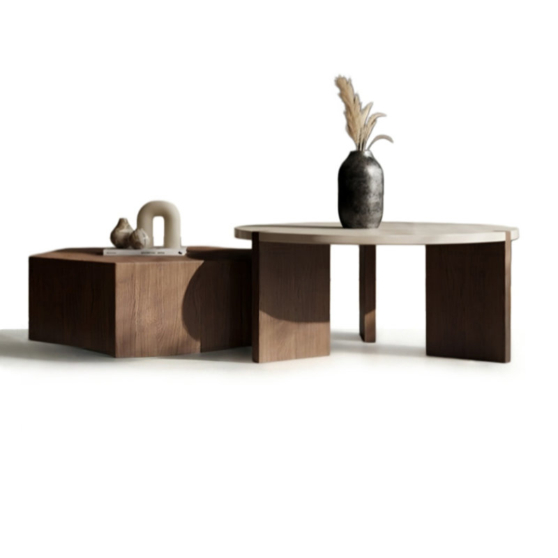 Ensemble de tables basses rondes gigognes en placage de bois brun