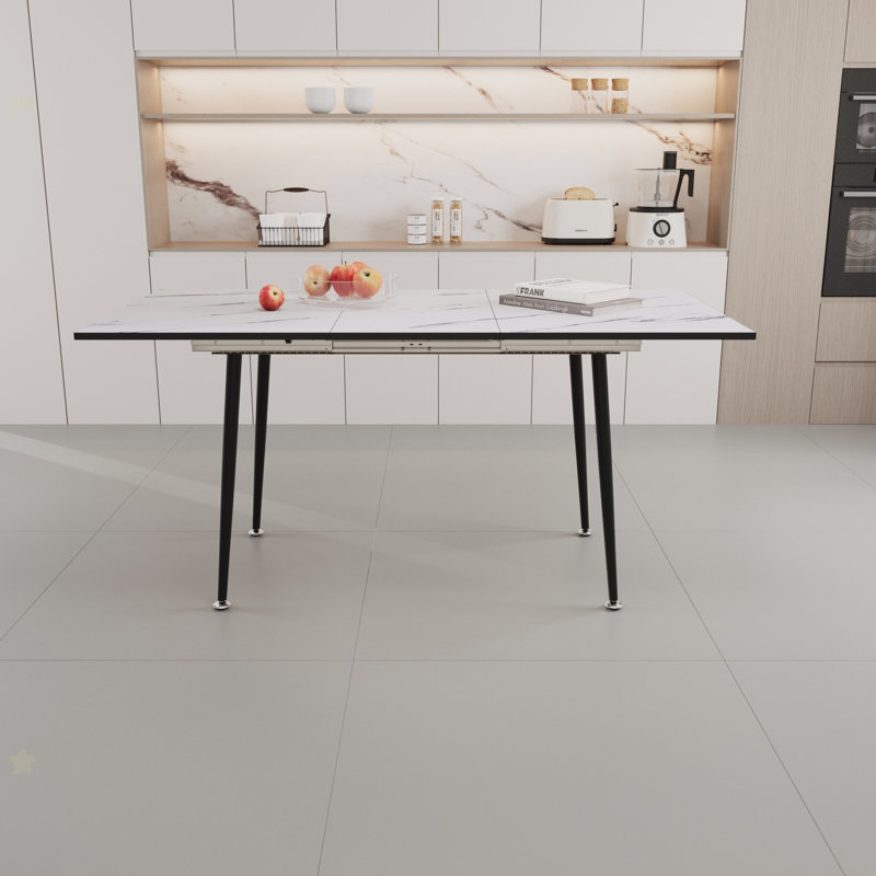 47" Expandable To 63" Inch MDF Square White Marble Patterned Dining Table, Modern Industrial Kitchen And Dining Table, Equipped With Tapered Black Metal Legs