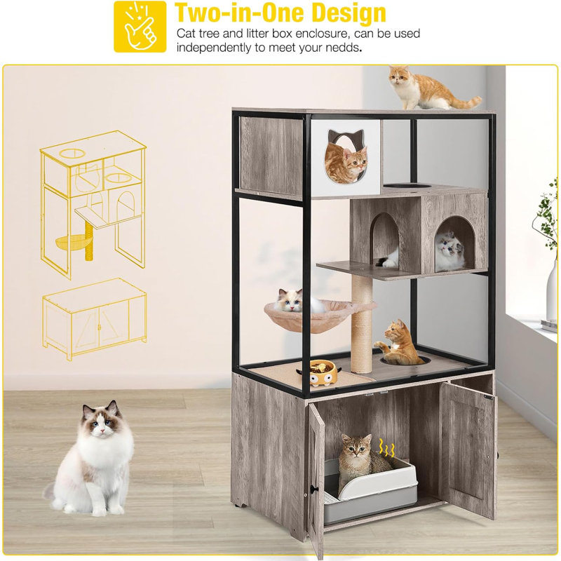 Gray Wooden 3-Story Cat Condo with Litter Box Enclosure