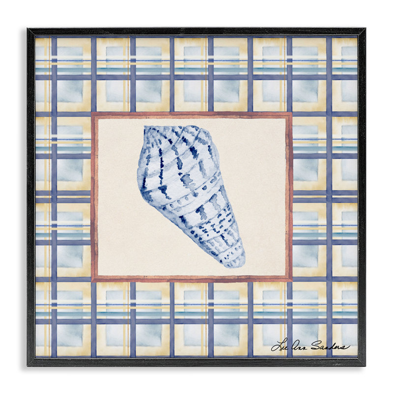 «Sea Treasures on Plaid», dessin par Lee Ann Sanders, Giclée encadrée noir minuit, H 12 po x l 12 po