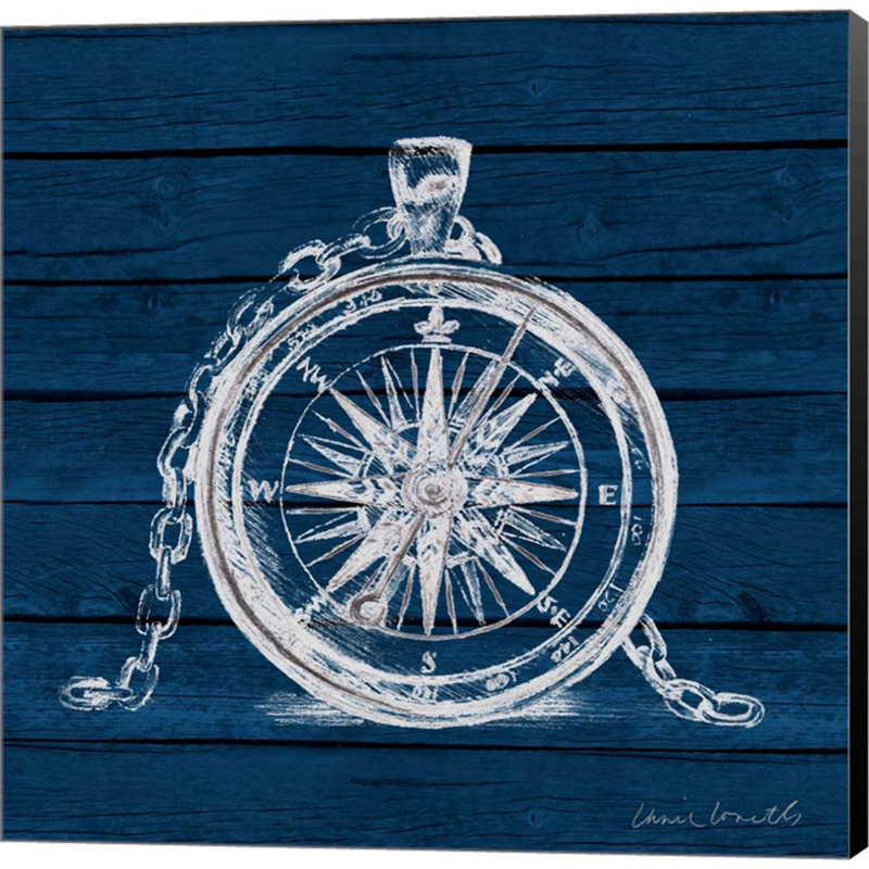 «Compass on Blue Wood» par Lanie Loreth - impression sur toile tendue, H 24 po x l 24 po x P 1,5 po