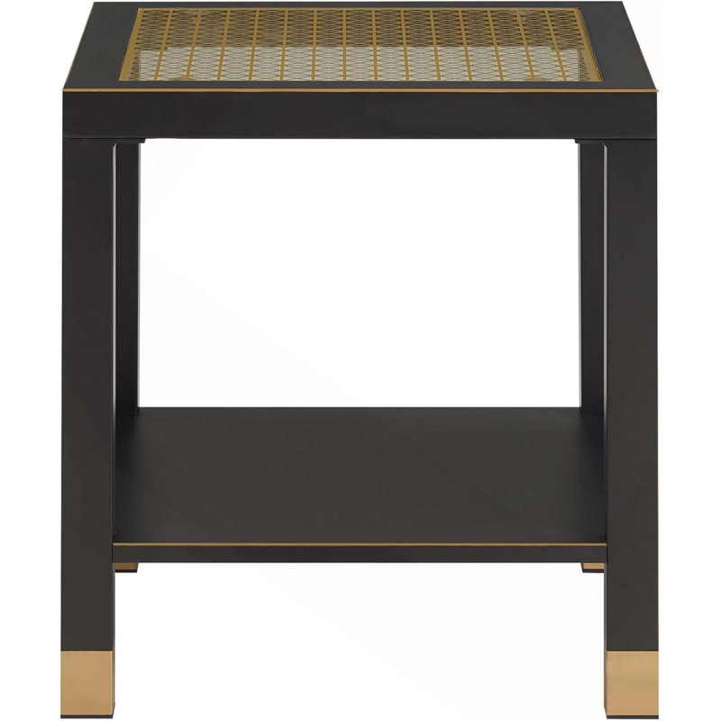 Modern Glass Square End Table With 2-Layer Design And Sturdy Metal Frame For Living Room, Black/Gold