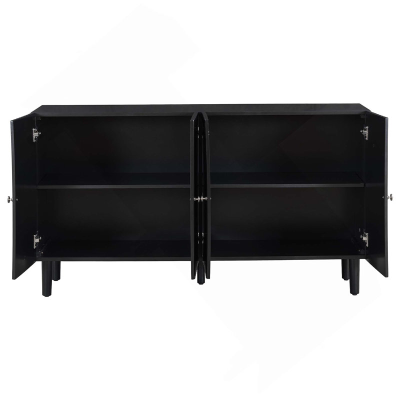Four-Door Sideboard with Wavy Pattern Doors, Cylindrical Legs, and Sleek Metal Handles, Black