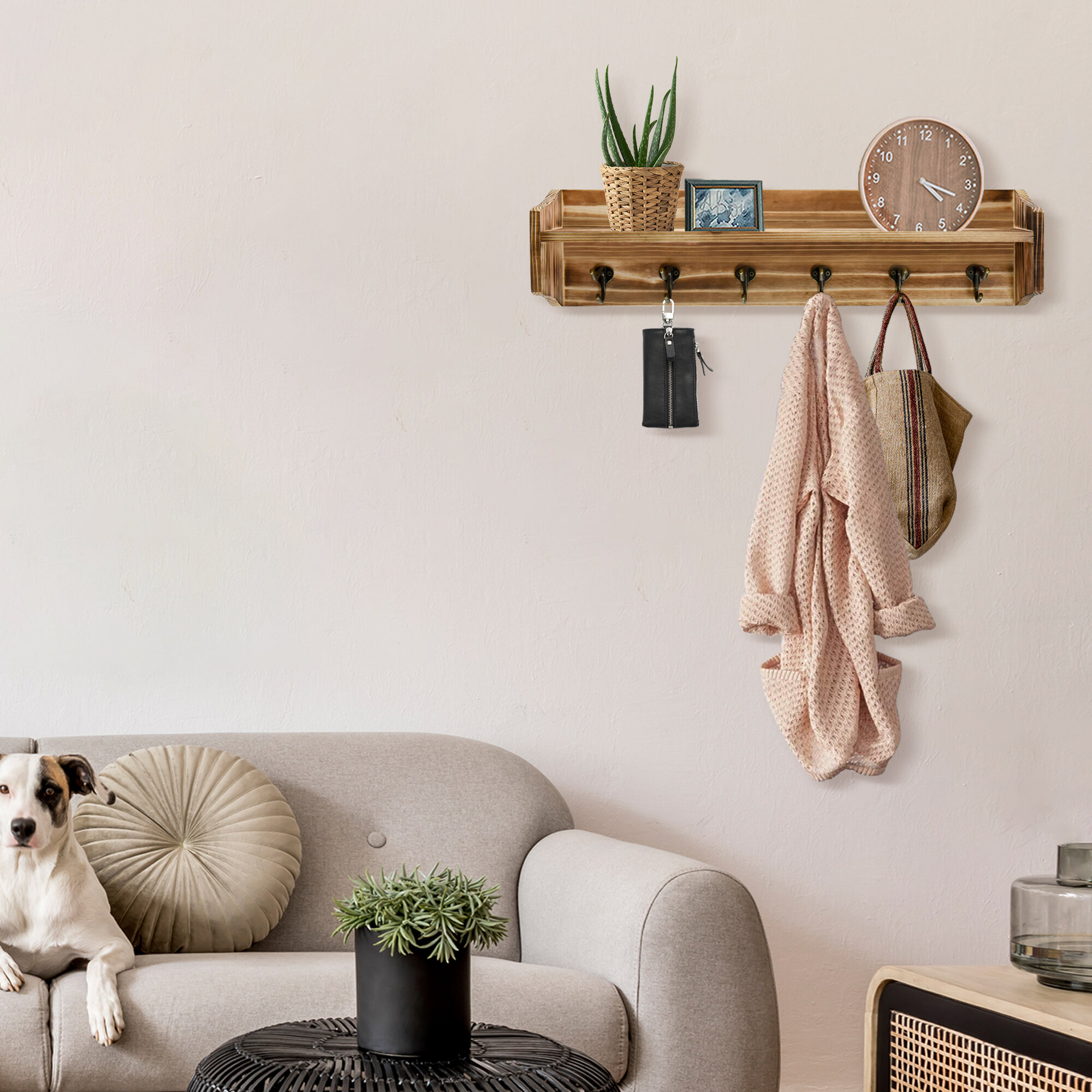 Coat Rack Wall Mount, Coat Hook With Shelf, Oak Floating Entryway