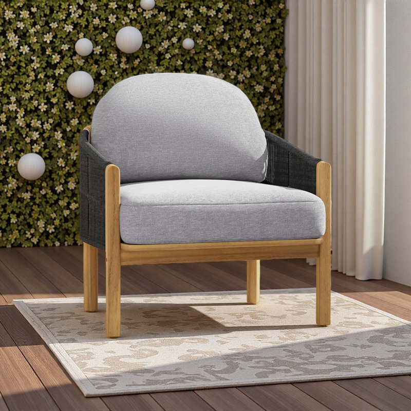 Fauteuil club d'extérieur en bois, corde avec coussin, Coussin gris / cadre noir