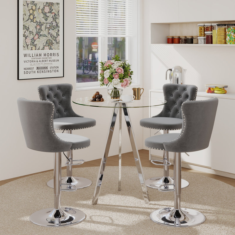 Bar Height Set, Tempered Glass Round Dining Table and Velvet Adjustable Dining Chairs., 5, Gray