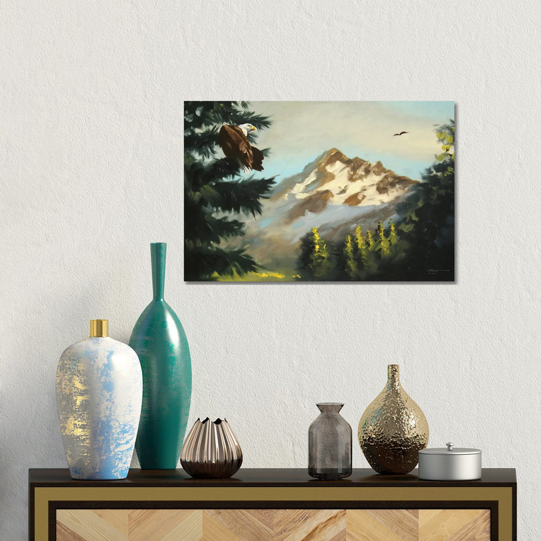 Weißkopfseeadler mit Bergblick von D. "Rusty" Rust - Galerie-umwickelte Leinwand Giclée auf Leinwand