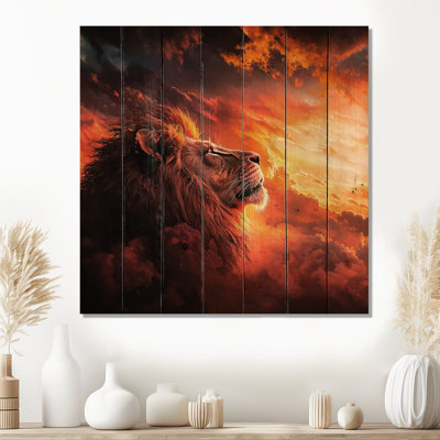 Roaring Lion Courage I - Art mural moderne sur bois de pin naturel