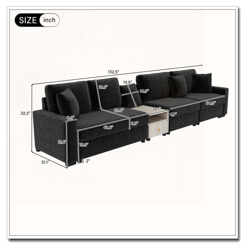 Canapé modulaire rembourré avec accoudoirs et console centrale, 4, Noir 2
