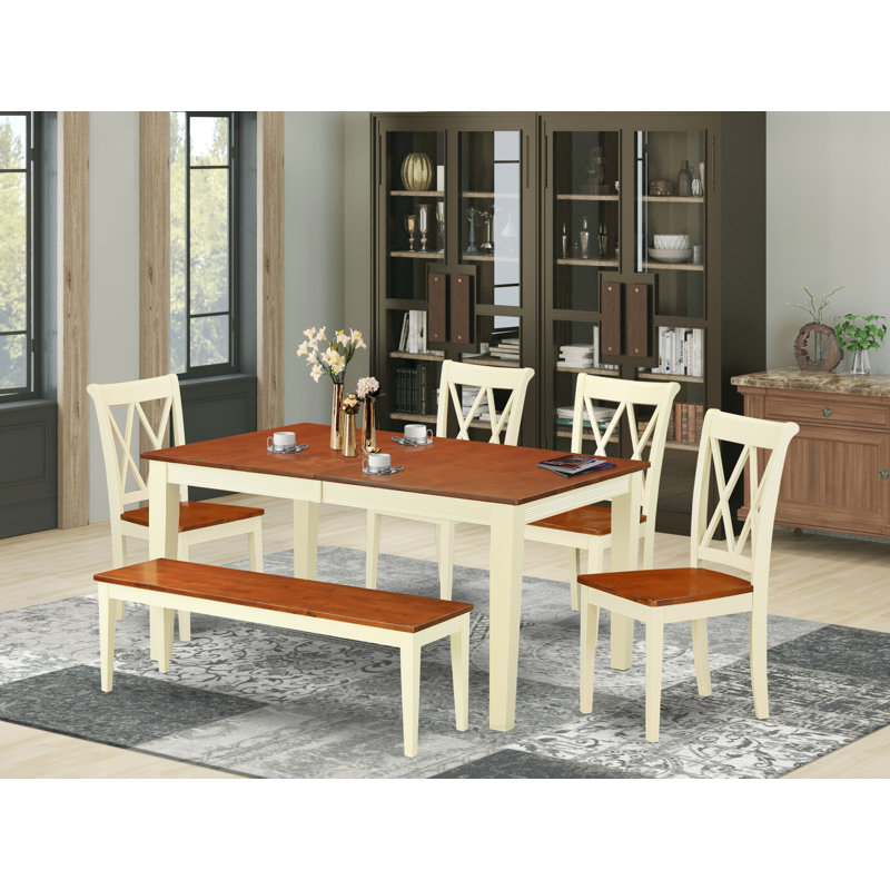 6 Piece Dining Room Table Set Contains a Rectangle Kitchen Table with Butterfly Leaf and 4 Dining Chairs with a Bench, Buttermilk & Cherry