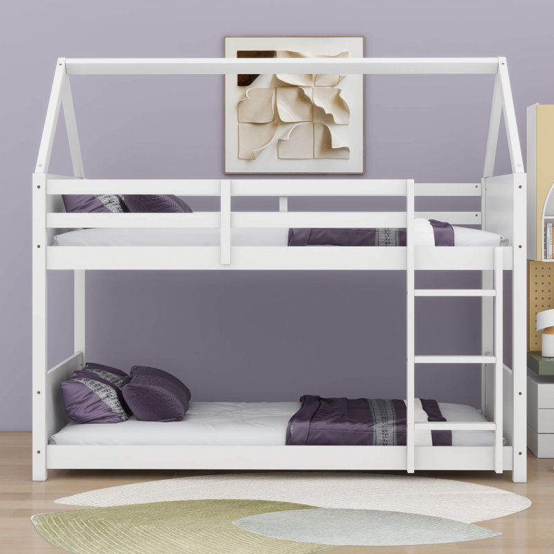 Lit superposé simple au-dessus de simple Antrell, lits superposés bas avec échelle et garde-corps, Blanc