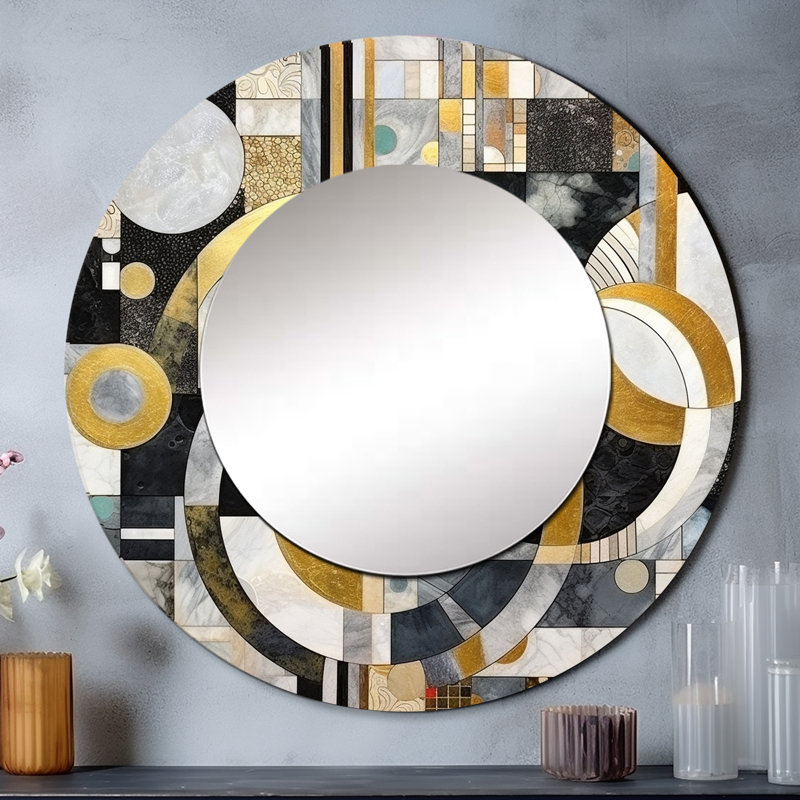 Illusions géométriques dorées et noires - miroir mural décoratif de formes abstraites, grand miroir rond moderne, impression d'art en métal