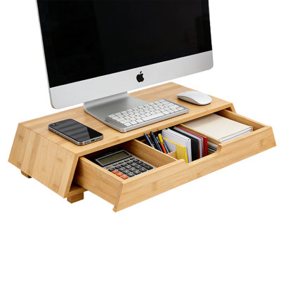 Natural Bamboo Computer Monitor Stand Riser For Desk With Storage Drawers