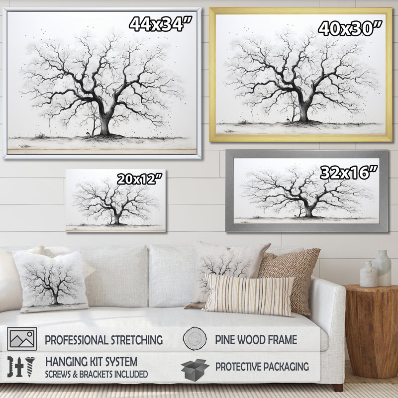 Baobab gris minimalisme sur toile, Cadre flottant doré, H 34 po x l 44 po x P 1,5 po