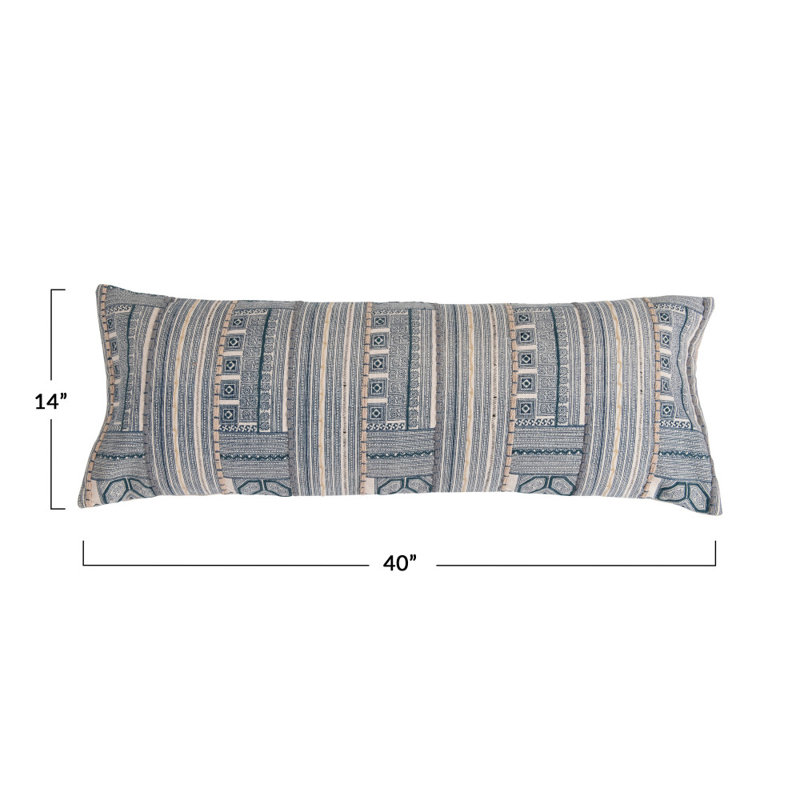 Oversized Blue and Beige Cotton Embroidered Lumbar Pillow