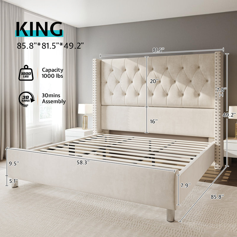Duluth Upholstered Wingback Bed, King, Cream