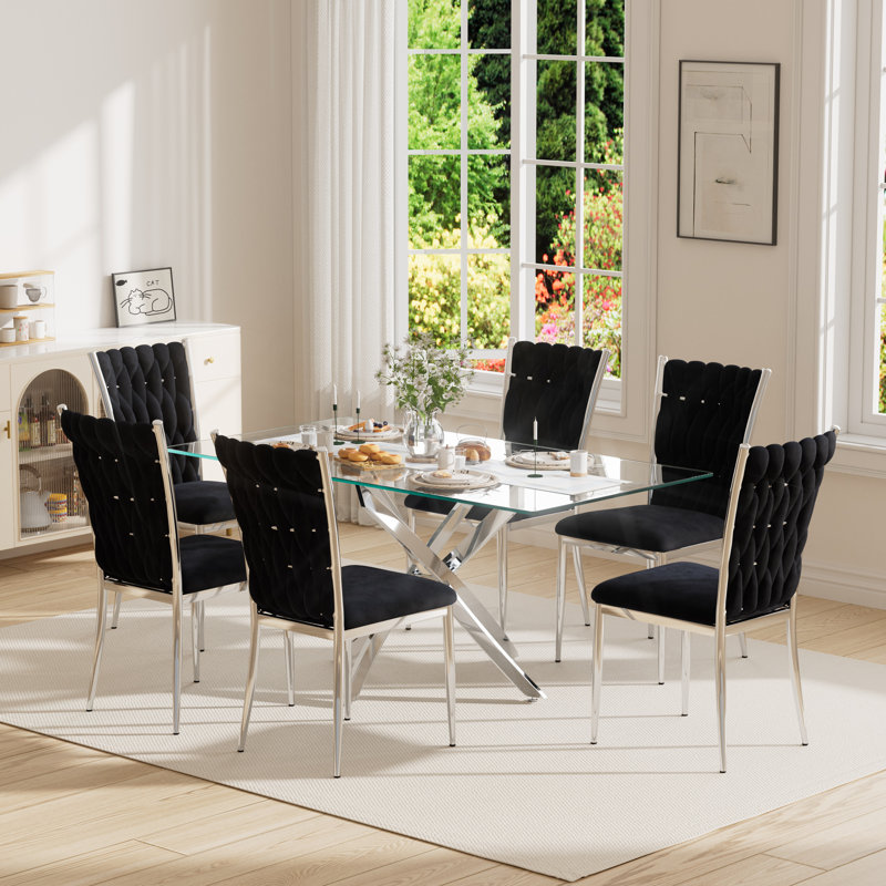 63" Rectangular Tempered Glass Table set, 7, Black/Silver