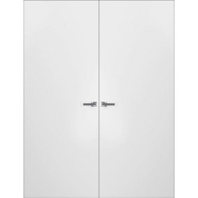 Porte double invisible moderne en bois massif avec poignée Planum 0010, apprêtée avec cadre invisible noir, ouverture à droite vers l'extérieur, charnières noires, poignée de verrouillage, armoire moderne en bois massif.